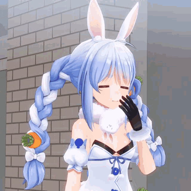 a girl with bunny ears and a braided hair covering her mouth with her hand