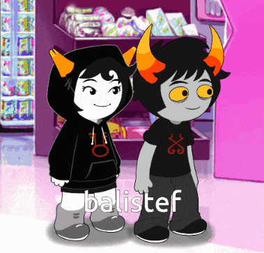 a couple of cartoon characters standing next to each other with the name balistef written on the bottom