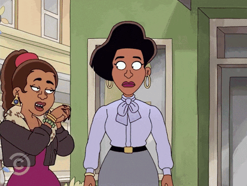 a cartoon of two women standing next to each other with a copyright symbol in the middle