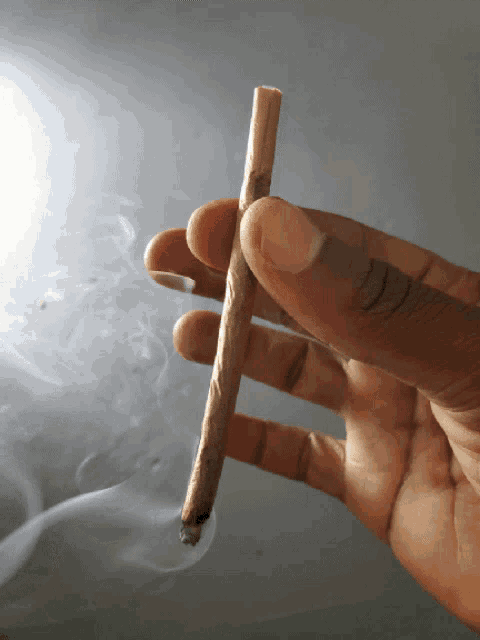 a person is holding a cigarette in their hand with smoke coming out of it
