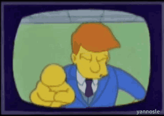 a cartoon of a man in a suit pointing at the camera