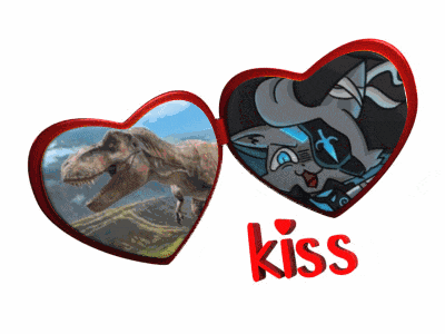 a picture of a t-rex and a picture of a cat with the word kiss below them