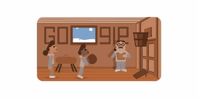 a cartoon drawing of people in a room with a google logo in the corner