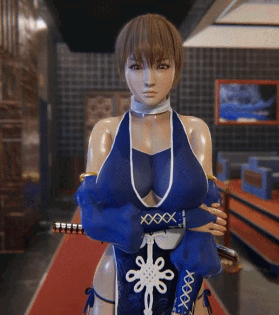 a woman in a blue costume with xxx on her sleeves