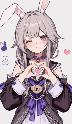 a girl with bunny ears makes a heart with her hands