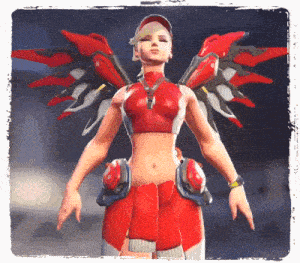 a woman in a red and white outfit with red wings