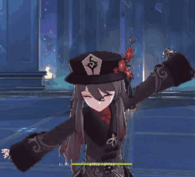 a girl with long hair is wearing a hat and holding a sword .