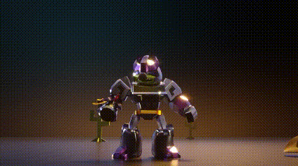 a robot with a purple light coming out of it 's mouth is standing next to a cowboy hat .