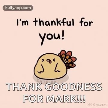 a cartoon of a turkey saying `` i 'm thankful for you ! thank goodness for mark !! ''
