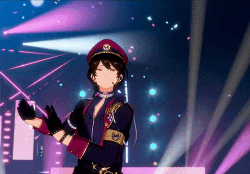 a man in a military uniform stands in front of a stage with purple lights