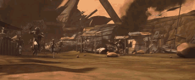 a group of people are running in a field in a video game