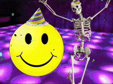 a skeleton is wearing a party hat and dancing next to a smiley face