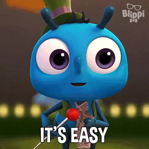 a blue cartoon character holding a lollipop with the words it 's easy below it