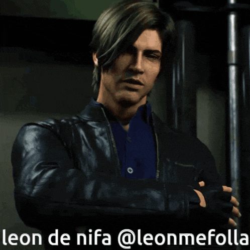 a man in a black leather jacket with the words leon de nifa @leonmefolla