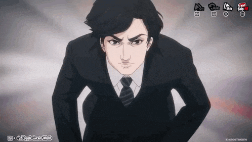 a man in a suit and tie stands with his hands on his hips in front of a pop-up cursor mode icon