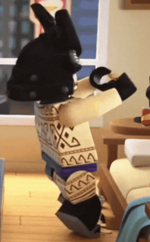 a lego figure is standing in front of a window in a room