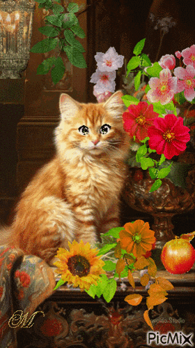 a painting of a cat sitting next to a vase of flowers with picmix written on the bottom