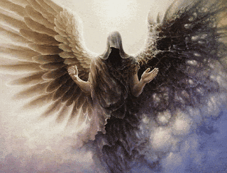 a painting of an angel with a hood on his head