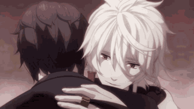 a man with white hair and red eyes is hugging another man with black hair