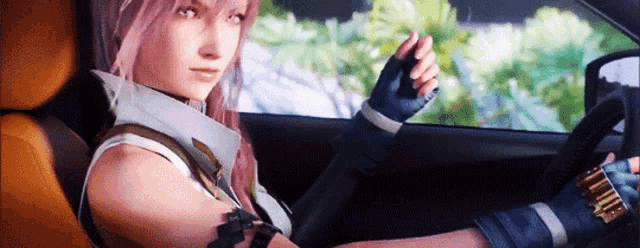 a woman is sitting in the driver 's seat of a car holding the steering wheel .