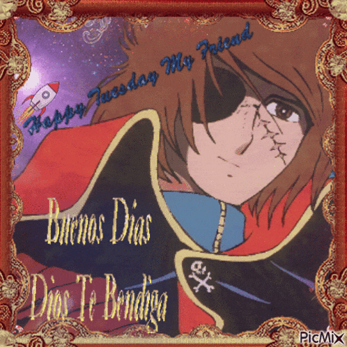 a picture of a pirate with the words happy tuesday my friend on it