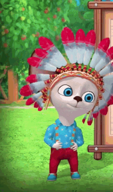 a cartoon character is wearing a feathered headdress