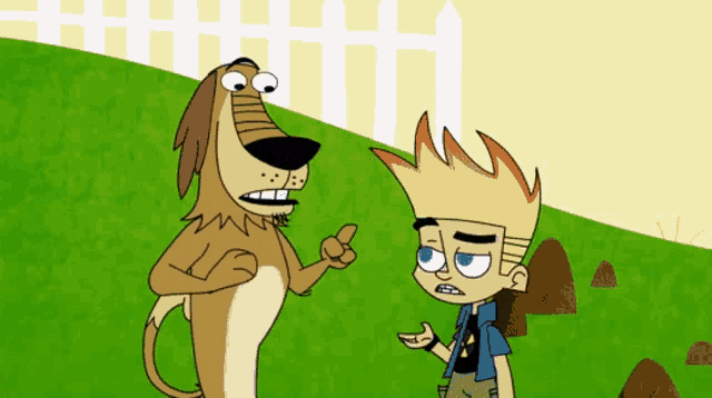 a cartoon of a boy and a dog with a fence in the background