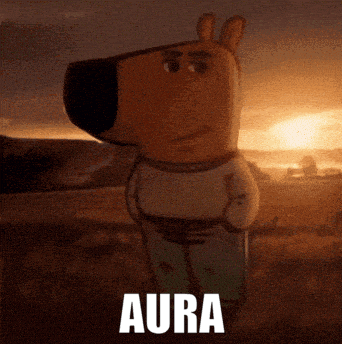 a cartoon character is standing in a field and the word aura is above him