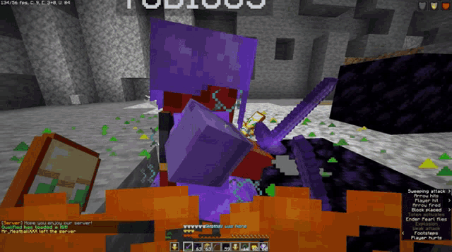a screenshot of a minecraft game with a purple skeleton