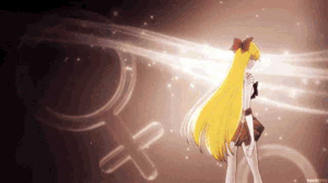 a girl with long blonde hair is standing in front of a sign that says venus