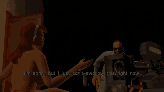 a naked woman is talking to a man in a video game and the man is holding a camera