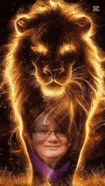 a woman with glasses stands in front of a lion with a glowing mane