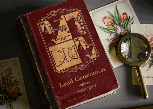 a red book titled lead generation strategies sits next to a magnifying glass