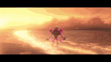 a person is standing on a beach at sunset holding a sword .