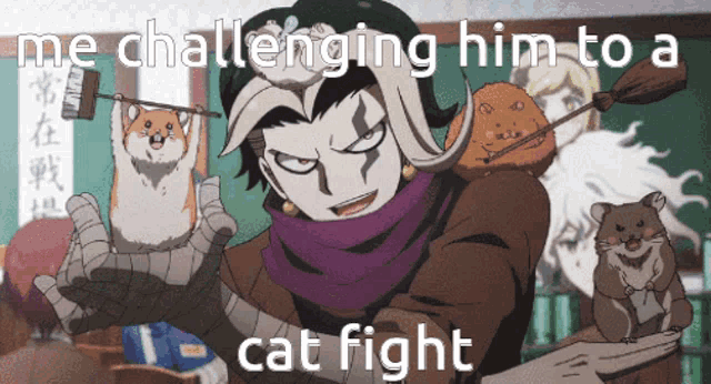 a cartoon of a man holding a cat with the words me challenging him to a cat fight on the bottom