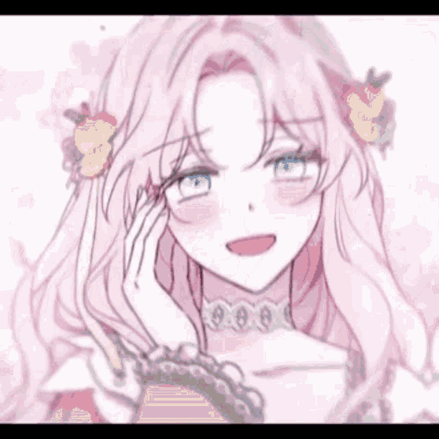 a girl with pink hair and blue eyes