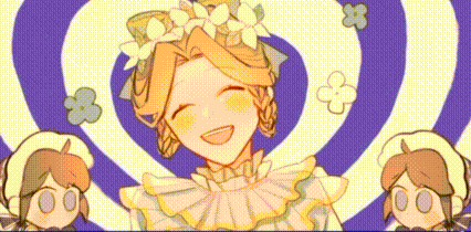 a woman with flowers in her hair is smiling in front of a purple and white spiral .