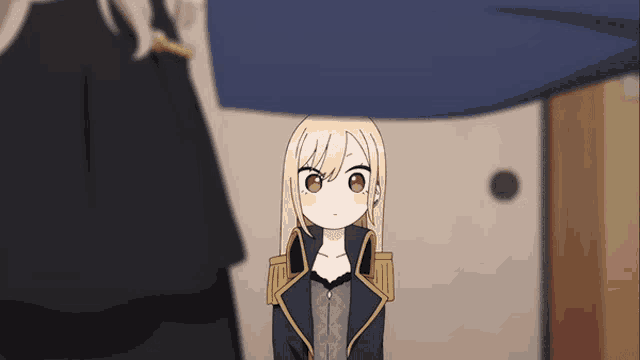 a girl with blonde hair and red eyes is wearing a black and gold outfit