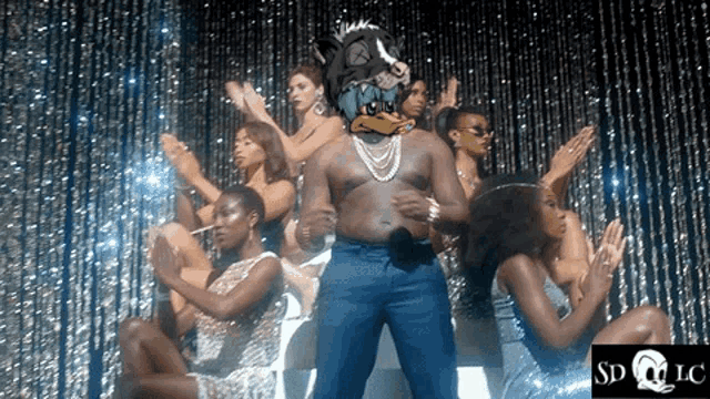a group of women are dancing in front of a curtain with sd llc written on the bottom