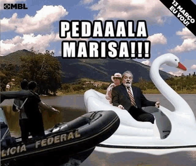 a man in a suit is riding a swan boat with the words " pedalaala marisa " on it