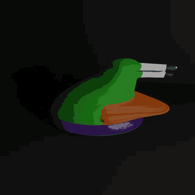 a green object with a purple bottom and orange beak
