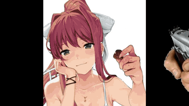 a person is holding a gun next to a girl holding a chocolate .