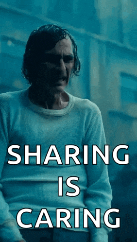 a man in a white shirt with the words sharing is caring written on it