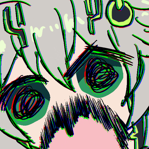 a close up of a drawing of a person 's face with green eyes and a cactus in the background