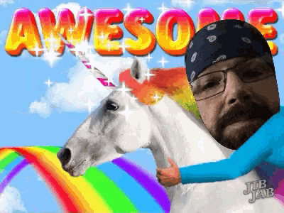 a man in a bandana is riding a unicorn with the word awesome behind him