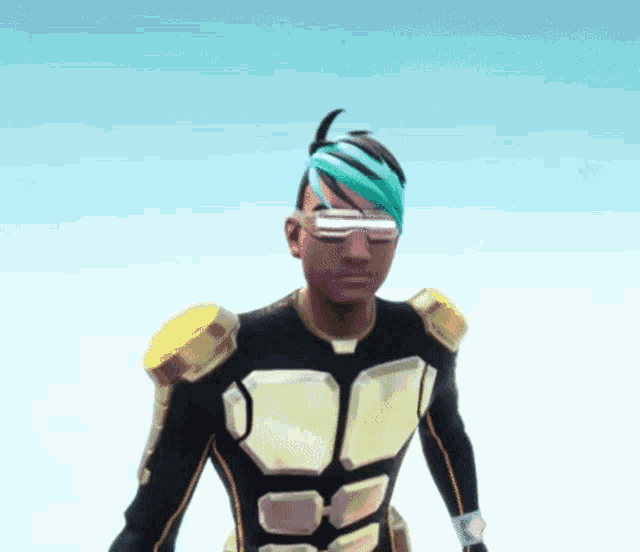 a man with blue hair and sunglasses is wearing a black and gold armored suit