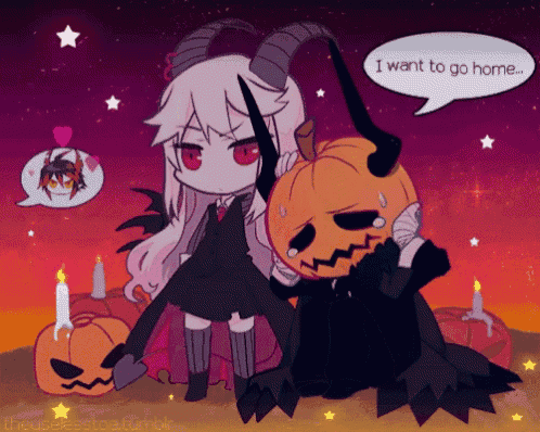 a cartoon drawing of a demon and a pumpkin with a speech bubble that says i want to go home