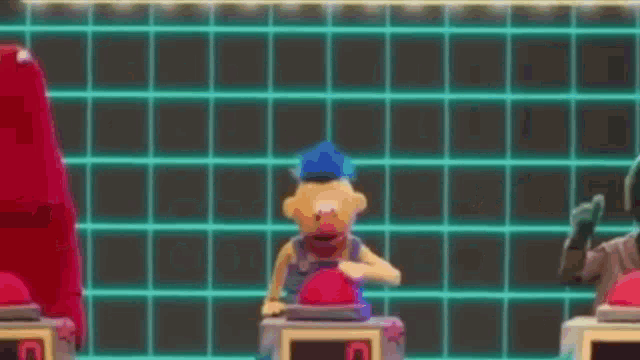 a group of cartoon characters are playing a game with buttons .