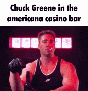 chuck greene is in the americana casino bar holding a bottle of beer