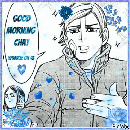 a black and white drawing of a man with the words good morning chat